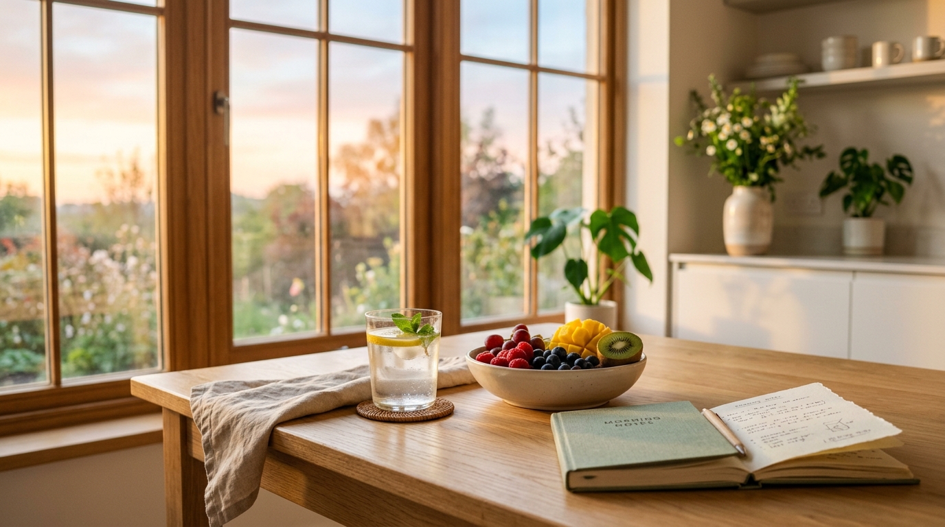 Frisches Morgenritual mit Wasser und Obst bei Sonnenaufgang