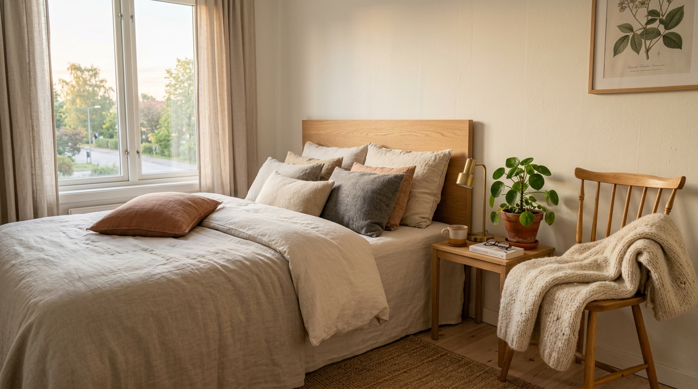 Gemütliches Schlafzimmer mit Morgenlicht und natürlicher Dekoration