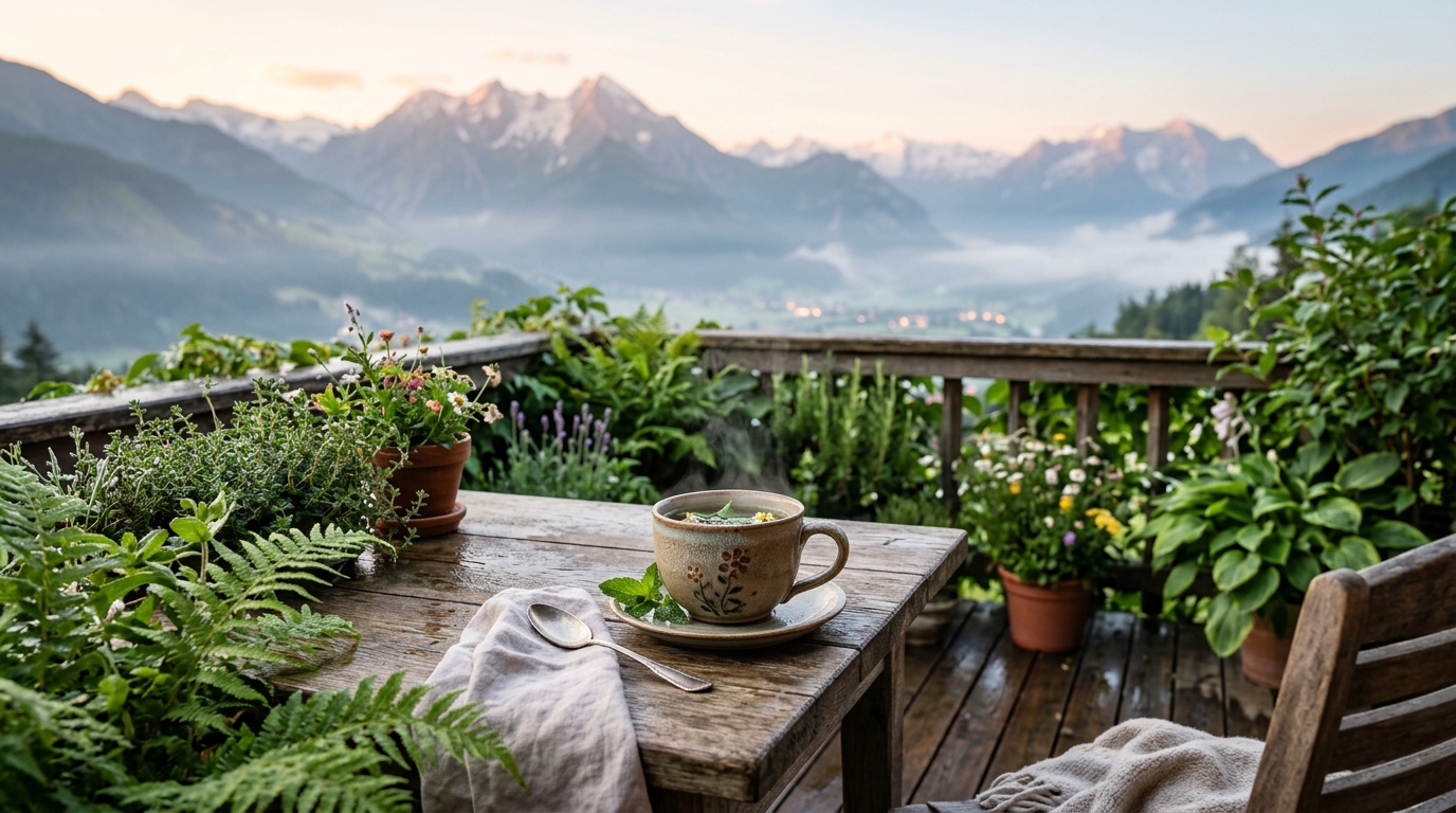 Kräutertee auf einer Terrasse mit Alpenblick am Morgen
